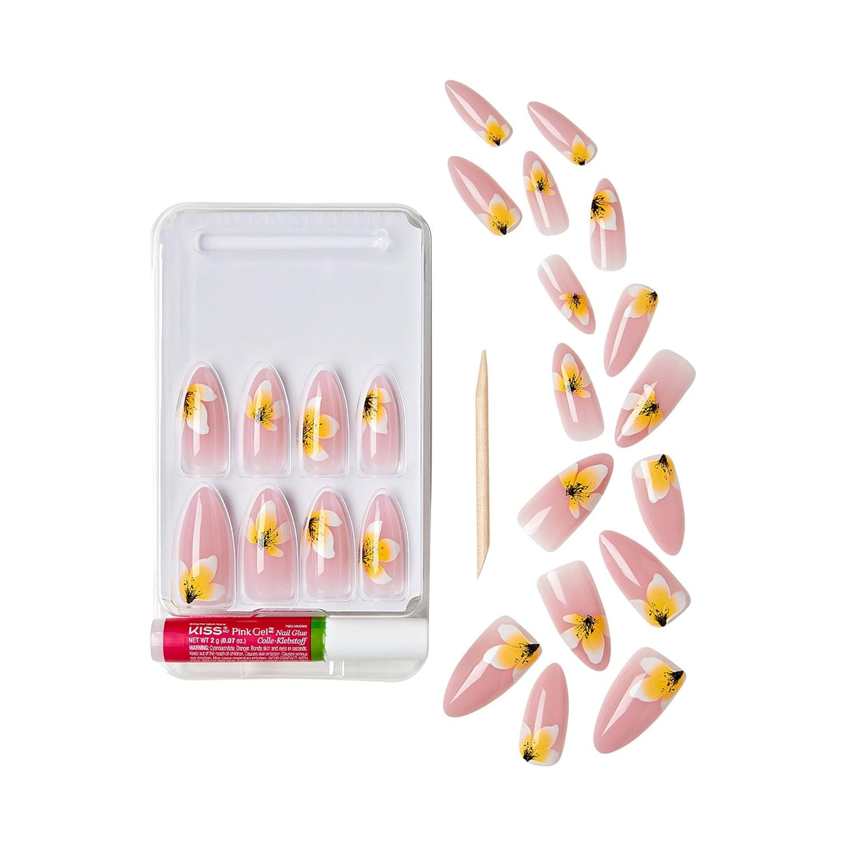 GoldFinger Trendy Long Almond False Nails Pink Floral Design Ready to Wear Gel Kit