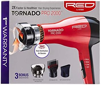 Red by Kiss Tornado Pro 2000 Hair Dryer Powerful Styling with 3 Attachments