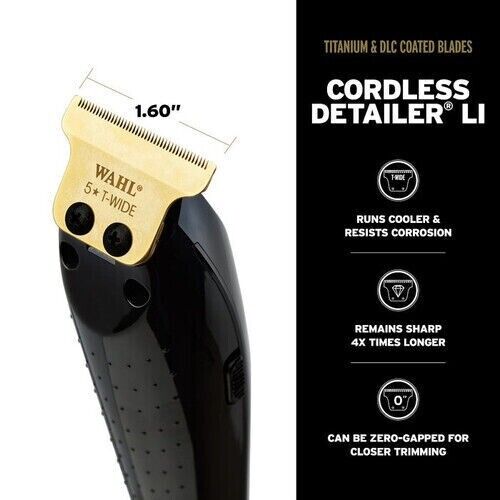 WAHL 5 Star Series Cordless Barber Combo Black Clip and Detailer Trimmer - Full Size