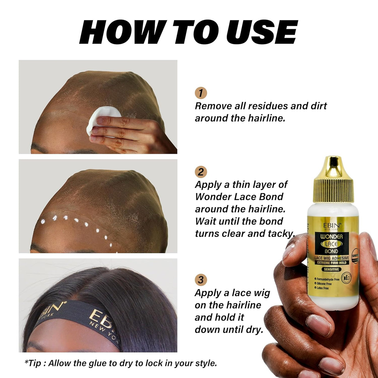 EBIN New York Wonder Lace Bond Wig Adhesive Sensitive-Friendly Strong Wig Glue, Waterproof 1.15 oz