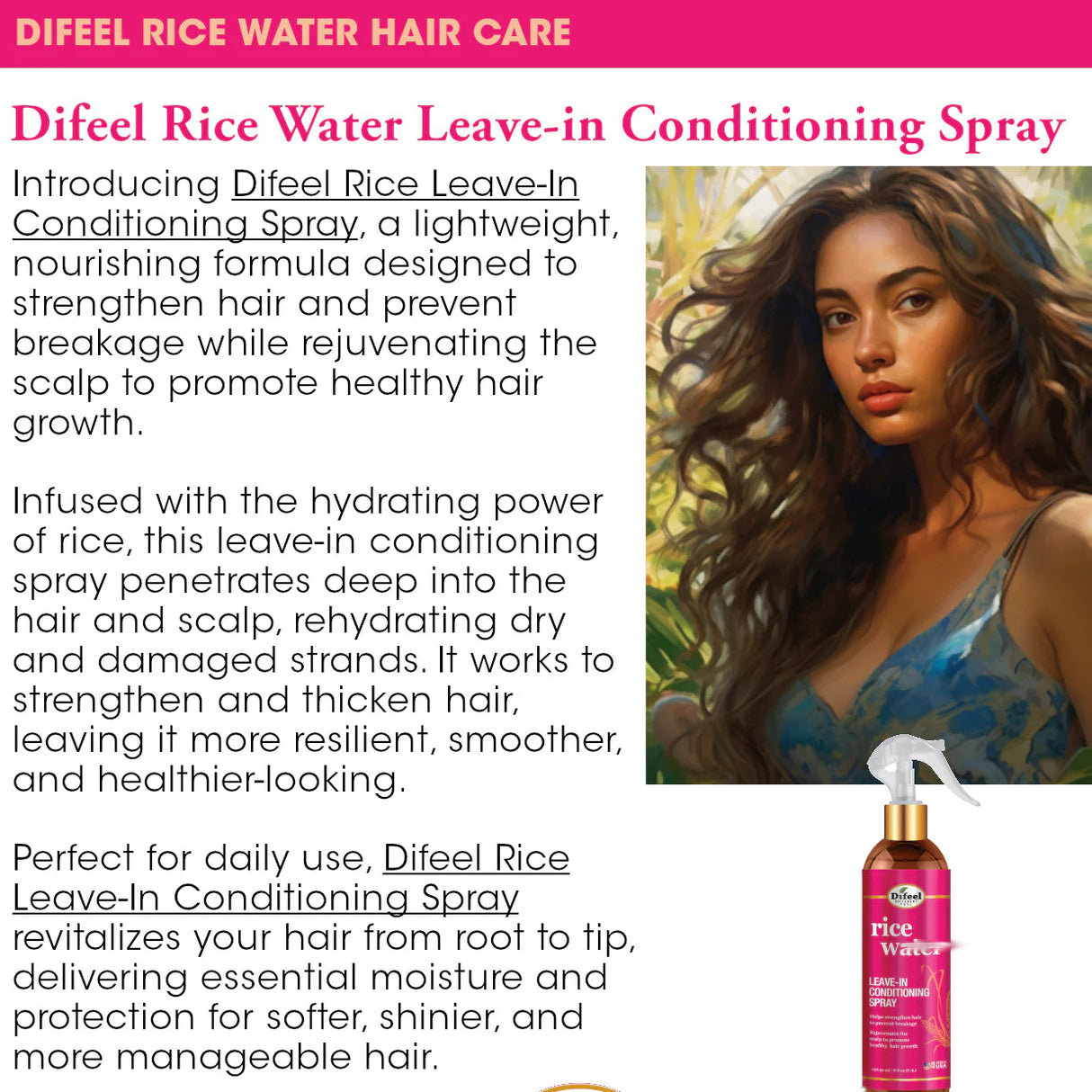 Difeel Rice Water Leave-In Conditioning Spray 8oz, rice water leave-in spray, Difeel leave-in hair conditioner, moisturizing leave-in treatment, detangling leave-in spray, hair growth leave-in conditioner, hydrating hair spray, Difeel 8oz leave-in conditioner, curl enhancing leave-in spray, nourishing hair treatment, softening leave-in conditioner, frizz control leave-in spray, daily use hair leave-in, conditioner for natural hair, lightweight leave-in spray, strengthening leave-in conditioner