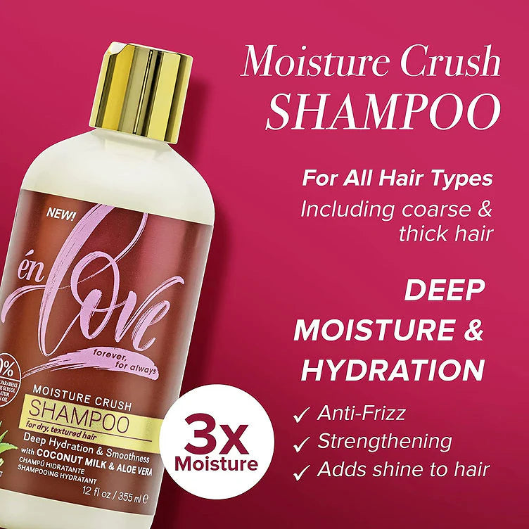 En Love Moisture Crush Coconut Milk & Aloe Vera Shampoo 12oz, En Love moisturizing shampoo, coconut milk hair shampoo, aloe vera hair shampoo, hydrating shampoo for dry hair, nourishing shampoo for natural hair, En Love 12oz hair care, softening hair shampoo, moisturizing shampoo for curls, gentle cleansing shampoo, daily use hair shampoo, frizz control shampoo, strengthening hair shampoo, hair repair shampoo, smooth shiny hair shampoo, En Love hydrating hair treatment