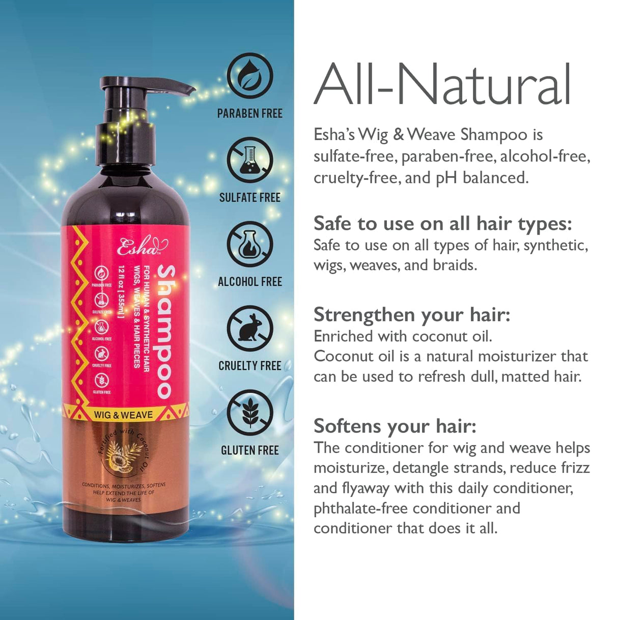 Esha Wig & Weave Revitalizing Shampoo 12oz, Esha wig shampoo, weave shampoo, revitalizing hair shampoo, moisturizing shampoo for wigs, shampoo for synthetic hair, wig care shampoo, Esha 12oz hair care, gentle cleansing shampoo, softening wig shampoo, nourishing shampoo for weaves, daily use wig shampoo, frizz control shampoo, hair revitalizing shampoo, lightweight shampoo for wigs, shampoo for healthy hair, Esha moisturizing wig shampoo