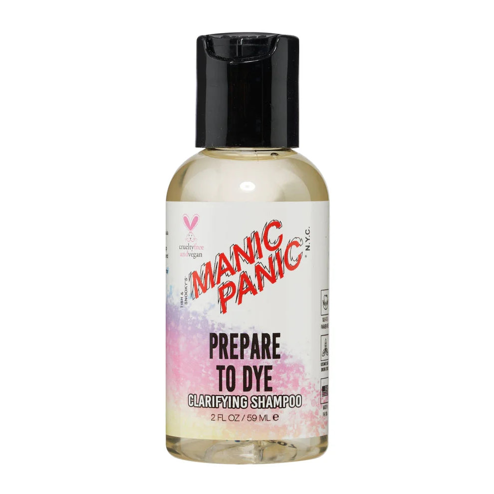 Manic Panic Prepare to Dye Clarifying Shampoo 2oz, pre-dye hair shampoo, clarifying hair cleanser, residue removing shampoo, deep cleansing shampoo, hair prep shampoo, pre color treatment shampoo, buildup removing hair wash, shampoo for vibrant hair color, clean scalp shampoo, smooth hair primer, soft hair clarifying shampoo, hair color prep shampoo, gentle clarifying shampoo, salon quality hair shampoo, MANIC hair care product
