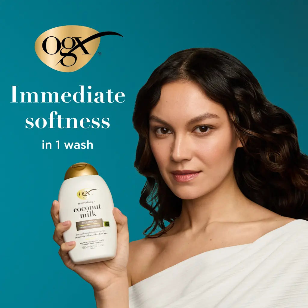 OGX Coconut Milk Shampoo 13oz, coconut milk hair shampoo, moisturizing shampoo for dry hair, nourishing hair cleanser, strengthening shampoo, soft shiny hair shampoo, hydrating hair wash, shampoo for damaged hair, creamy coconut shampoo, color safe shampoo, daily use hair shampoo, healthy hair shampoo, OGX hair care product