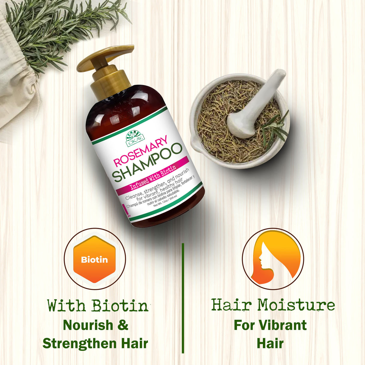 OKAY Rosemary with Biotin Shampoo 12oz Strengthening, Nourishing, Revitalizing Formula-12345