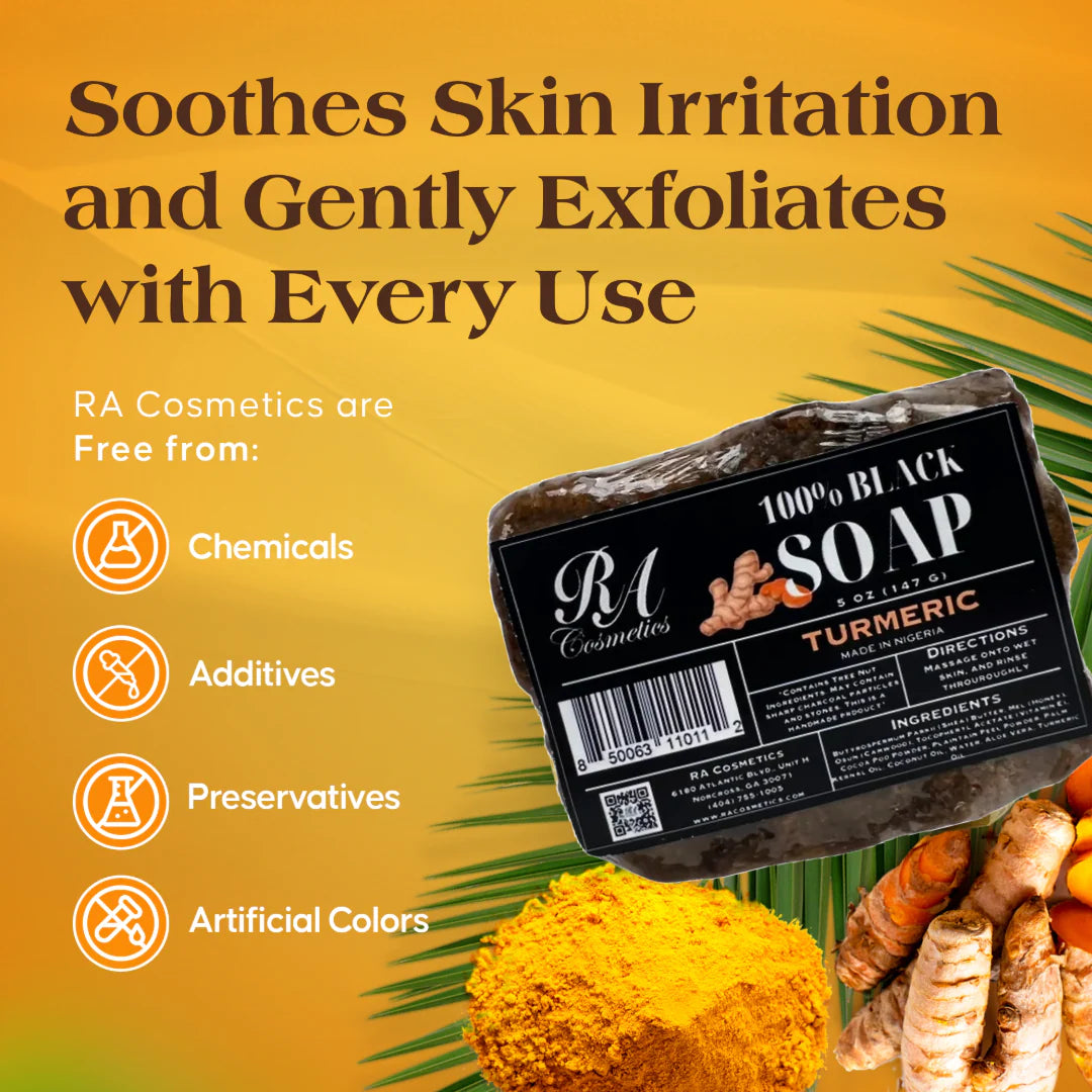 RA African Black Turmeric soap, 100% natural black turmeric soap, 16 oz African soap, skin cleansing soap, acne reducing soap, dark spot correcting soap, blemish control soap, exfoliating turmeric soap, chemical free soap, face and body soap, nourishing skin soap, smooth skin soap, natural skincare soap, revitalizing soap bar, oil control soap