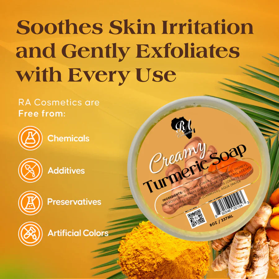 RA Creamy Turmeric Soap, creamy turmeric soap bar, turmeric cleansing soap, moisturizing turmeric soap, soap for glowing skin, turmeric soap for dark spots, gentle daily cleansing soap, nourishing turmeric skincare soap, hydrating soap for soft skin, 8oz turmeric soap, skin brightening soap bar, natural turmeric soap, creamy moisturizing soap, even tone skin soap, radiant skin cleansing soap