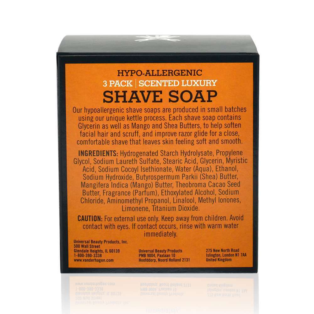 Van Der Hagen shave soap, shave soap 3 pack, traditional shaving soap, wet shave soap, men’s grooming soap, shaving puck soap, rich lather shave soap, smooth shave soap, classic shave soap, facial hair shaving soap, shaving soap bar, razor glide shave soap, beard shaving soap, professional shaving product, 3.5 oz shave soap
