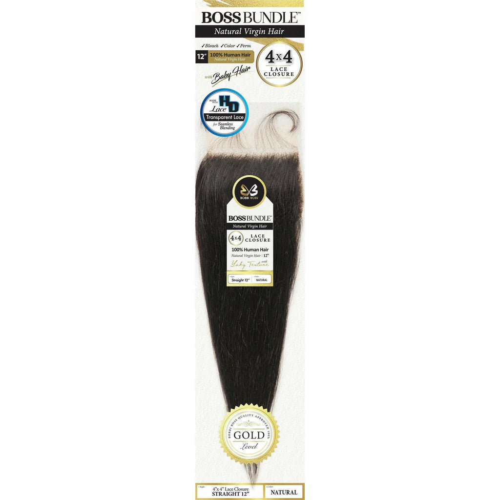 Boss Bundle 100% Virgin Human Hair Straight 4X4 Closure - 12"