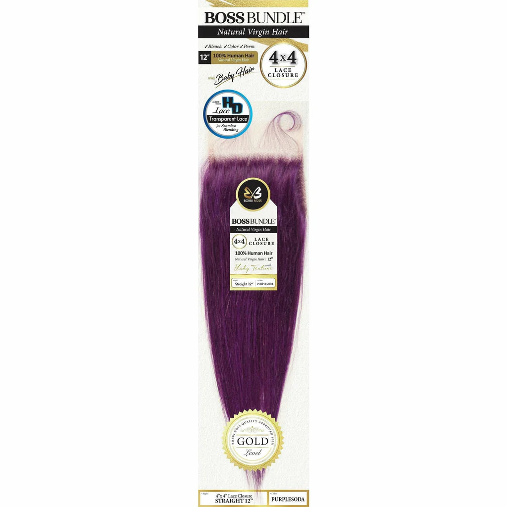 Boss Bundle 100% Virgin Human Hair Straight 4X4 Closure - 12"
