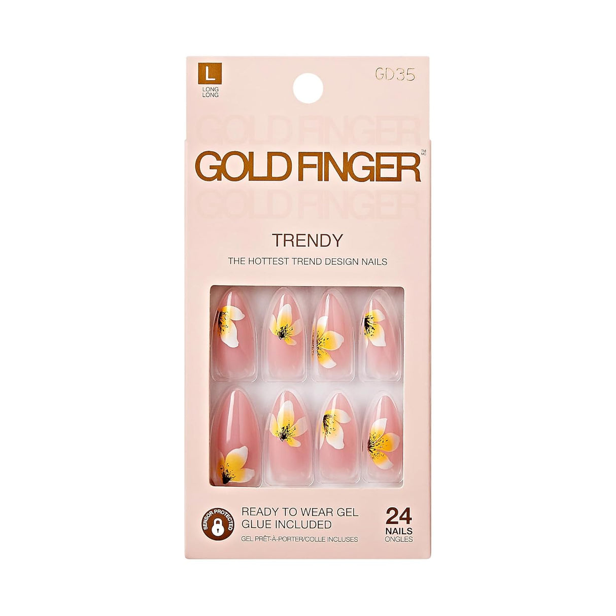 GoldFinger Trendy Long Almond False Nails Pink Floral Design Ready to Wear Gel Kit