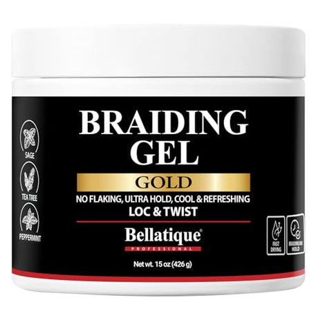 Bellatique Gold Braiding Gel Maximum Hold for Locs & Twists No Flaking, Fast-Drying, High Shine & Long Lasting