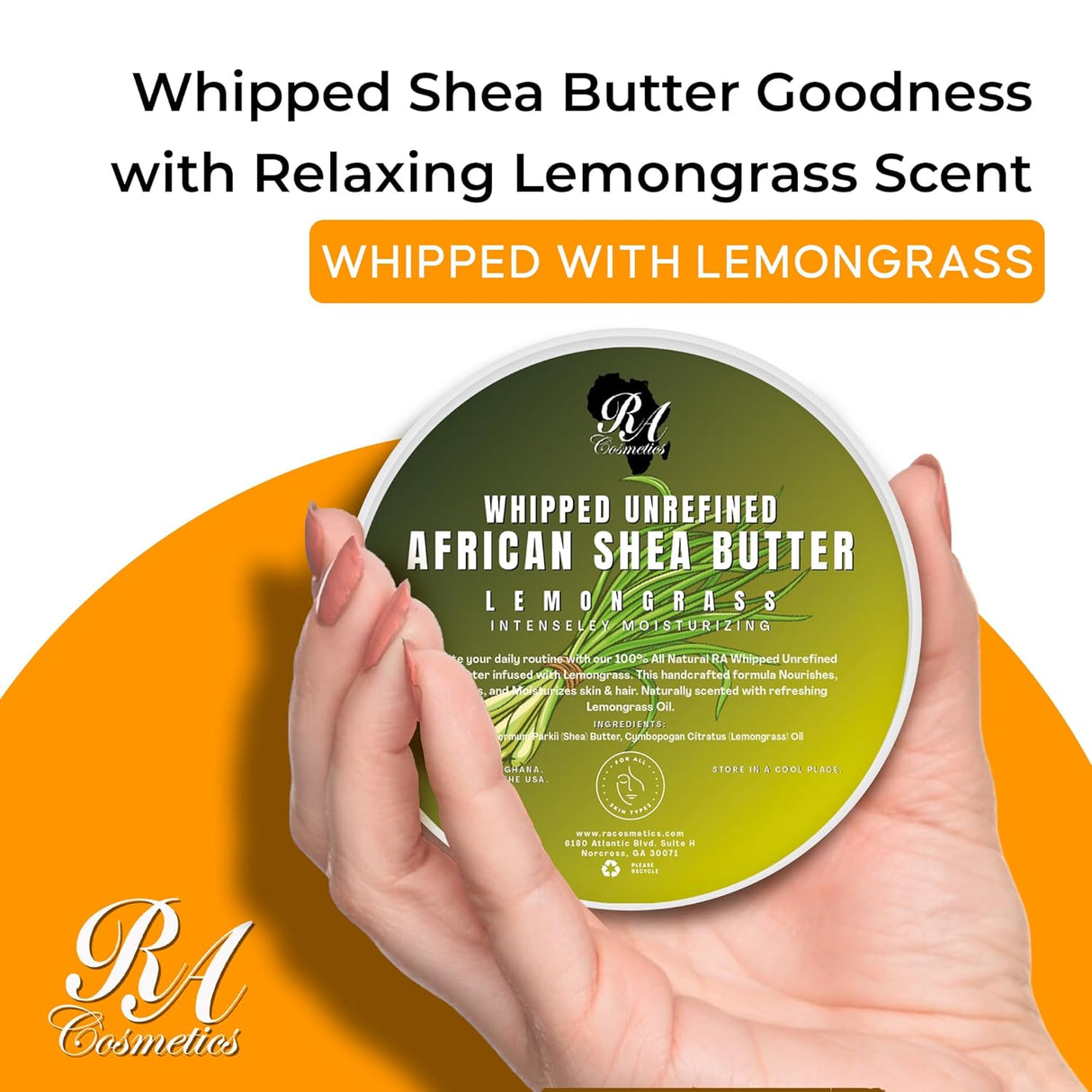 RA Cosmetics Whipped Shea Butter Lemongrass 100% Pure and Natural African Shea Butter  6 oz