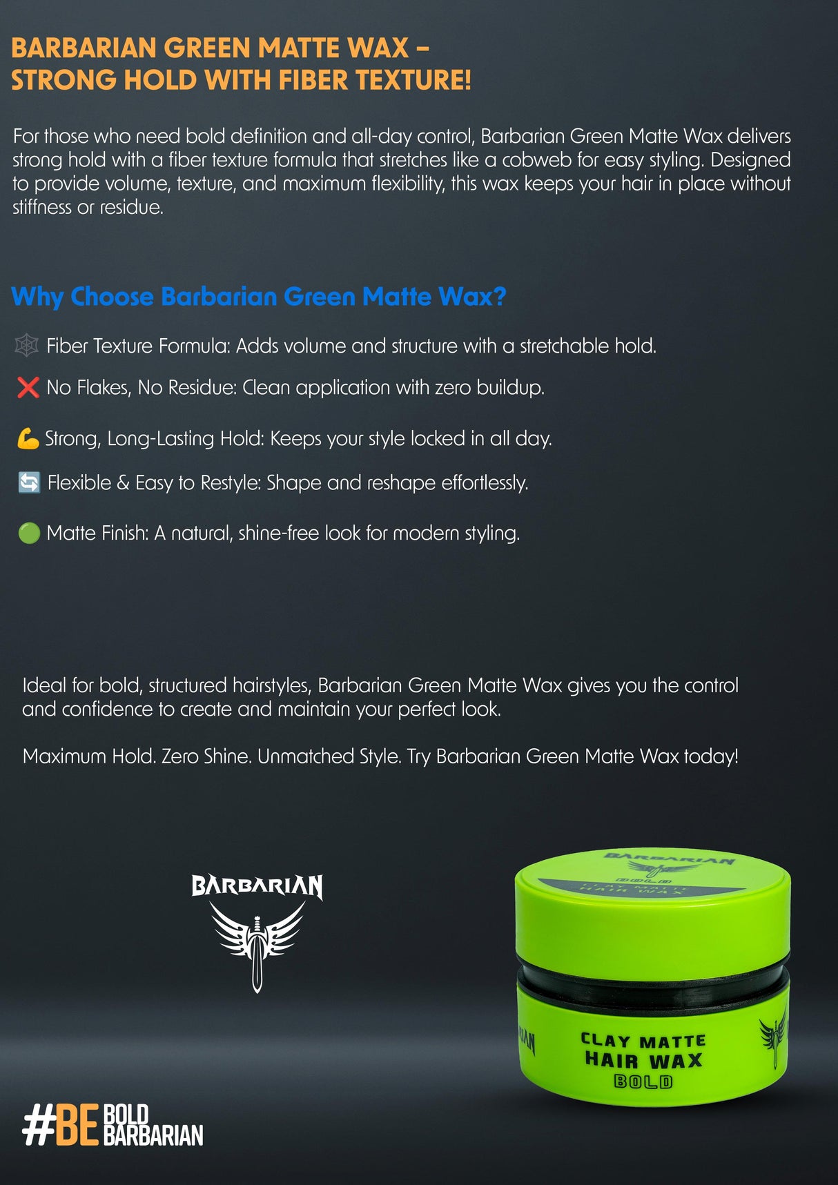 BARBARIAN GREEN MATTE WAX -  STRONG HOLD WITH FIBER TEXTURE