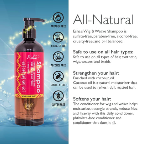 Esha Wig & Weave Revitalizing Shampoo 12oz, Esha wig shampoo, weave shampoo, revitalizing hair shampoo, moisturizing shampoo for wigs, shampoo for synthetic hair, wig care shampoo, Esha 12oz hair care, gentle cleansing shampoo, softening wig shampoo, nourishing shampoo for weaves, daily use wig shampoo, frizz control shampoo, hair revitalizing shampoo, lightweight shampoo for wigs, shampoo for healthy hair, Esha moisturizing wig shampoo