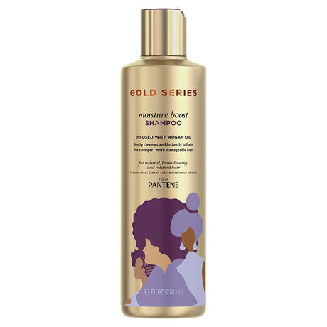 Gold Series Moisture Boost Shampoo 9.1oz, Pantene Gold Series shampoo, moisturizing shampoo, argan oil hair shampoo, hydrating hair cleanser, shampoo for dry hair, softening shampoo for damaged hair, gentle cleansing shampoo, Pantene 9.1oz shampoo, nourishing hair shampoo, sulfate-free hair shampoo, shampoo for healthy hair, smooth shiny hair shampoo, hair repair shampoo, daily use moisturizing shampoo, hair hydration shampoo