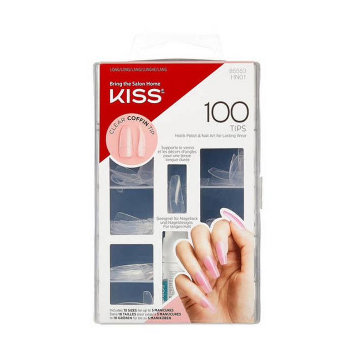 KISS 100 NAILS LONG LENGTH CLEAR COFFIN TIP
