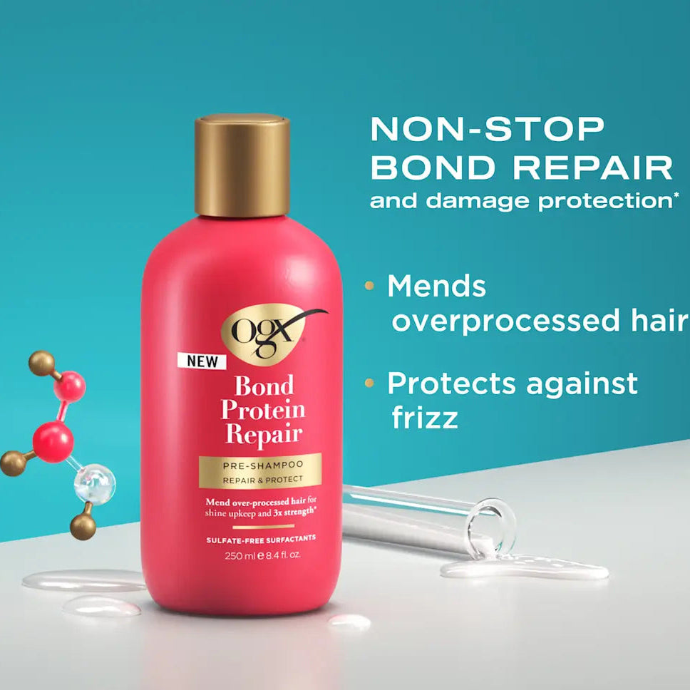 OGX Bond Protein Repair Pre Shampoo 8.4oz, pre shampoo hair treatment, bond repair hair treatment, protein repair hair care, strengthening hair treatment, damage repair pre shampoo, breakage reducing hair treatment, hair bond builder treatment, nourishing hair repair product, smooth soft hair treatment, chemically treated hair care, professional hair treatment, OGX hair care product