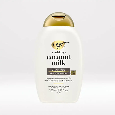 OGX Coconut Milk Shampoo 13oz, coconut milk hair shampoo, moisturizing shampoo for dry hair, nourishing hair cleanser, strengthening shampoo, soft shiny hair shampoo, hydrating hair wash, shampoo for damaged hair, creamy coconut shampoo, color safe shampoo, daily use hair shampoo, healthy hair shampoo, OGX hair care product