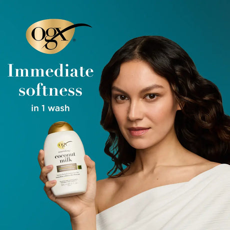 OGX Coconut Milk Shampoo 13oz, coconut milk hair shampoo, moisturizing shampoo for dry hair, nourishing hair cleanser, strengthening shampoo, soft shiny hair shampoo, hydrating hair wash, shampoo for damaged hair, creamy coconut shampoo, color safe shampoo, daily use hair shampoo, healthy hair shampoo, OGX hair care product