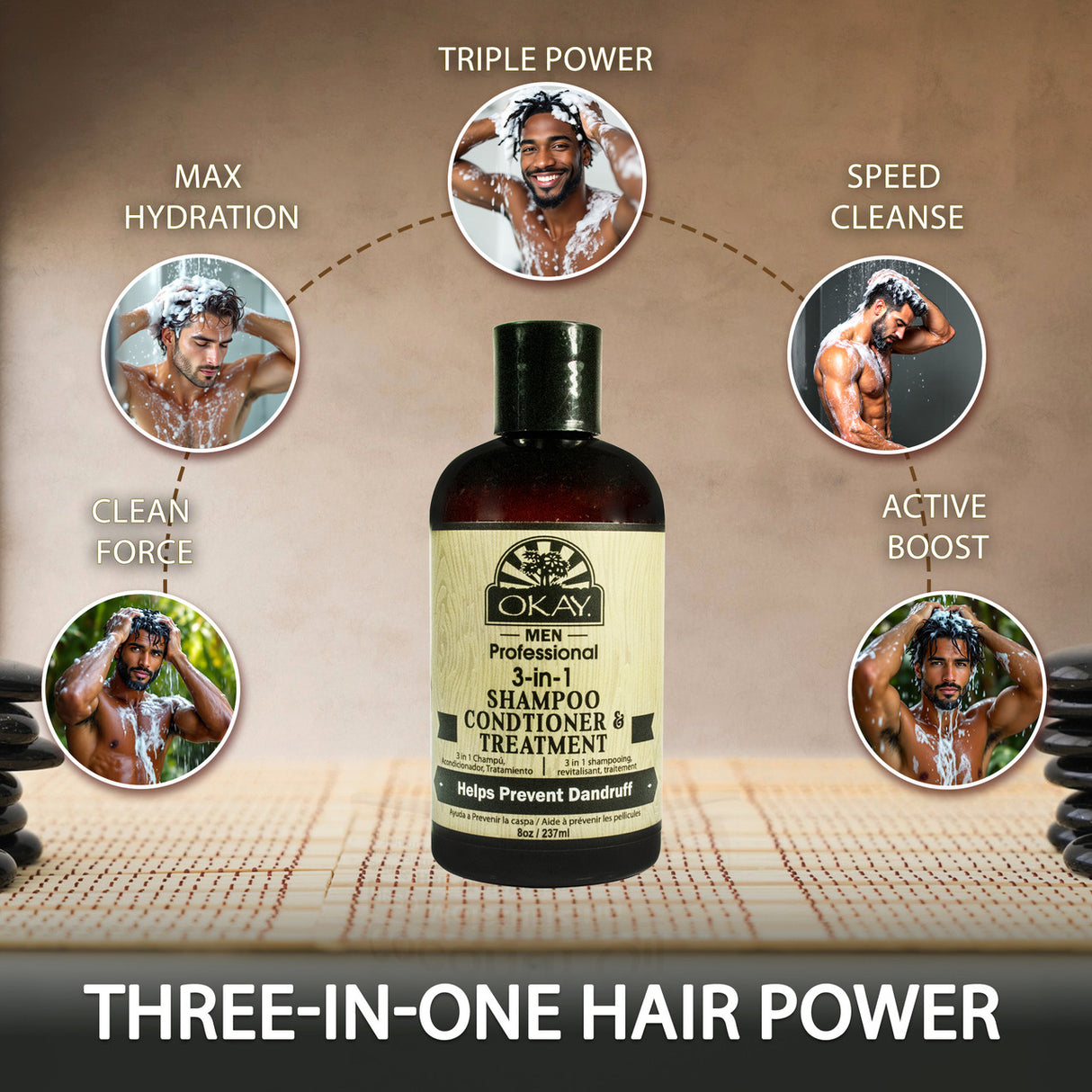 OKAY Men’s 3-in-1 Shampoo Conditioner Treatment 8oz, men’s all-in-one hair cleanser, 3-in-1 shampoo conditioner, moisturizing hair treatment, daily use men’s shampoo, hair strengthening shampoo, soft smooth hair for men, convenient men’s hair care, detangling hair shampoo, healthy hair for men, multi-purpose hair cleanser, OKAY men hair care product, manageable hair shampoo, quick hair care solution, men’s grooming shampoo