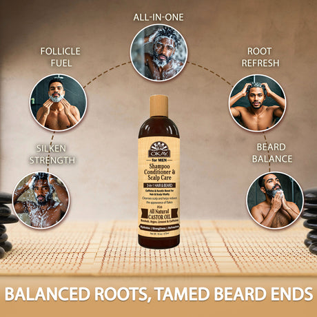 mens 3 in 1 hair beard scalp cleanser, castor oil mens shampoo, mens beard and hair wash, sulfate free mens cleanser, mens scalp care wash, conditioning hair and beard cleanser, daily use mens hair wash, castor oil mens grooming product, all hair types mens cleanser, gentle mens shampoo and beard wash