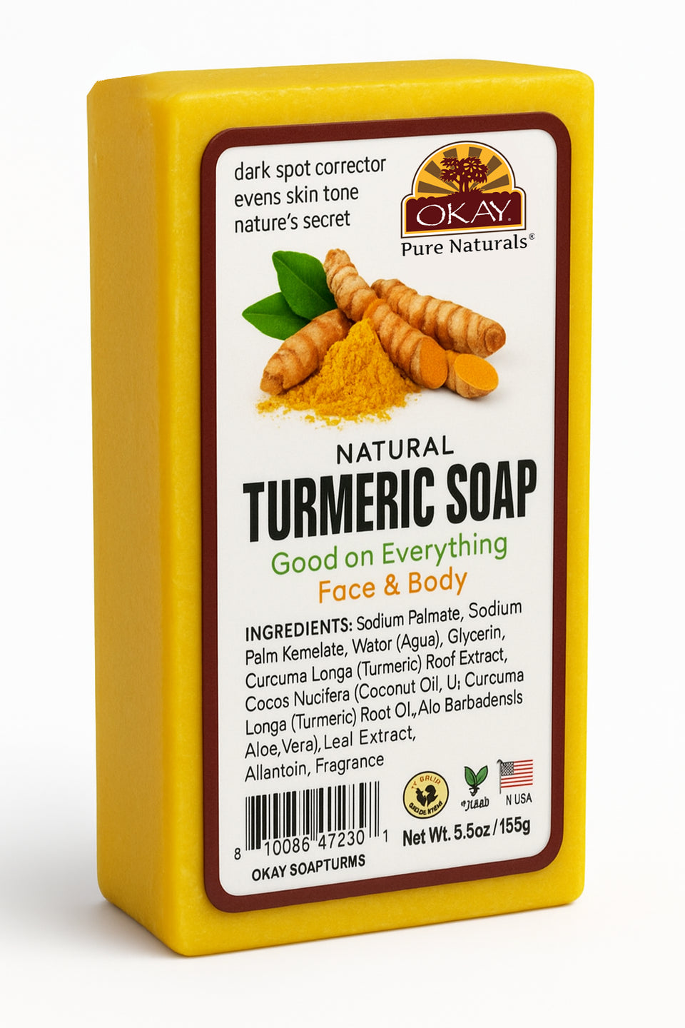 OKAY Turmeric Soap Bar, turmeric cleansing soap, brightening turmeric soap, soap for glowing skin, turmeric soap for dark spots, gentle cleansing soap bar, soothing turmeric soap, hydrating soap for daily use, natural skincare soap, skin brightening bar soap,