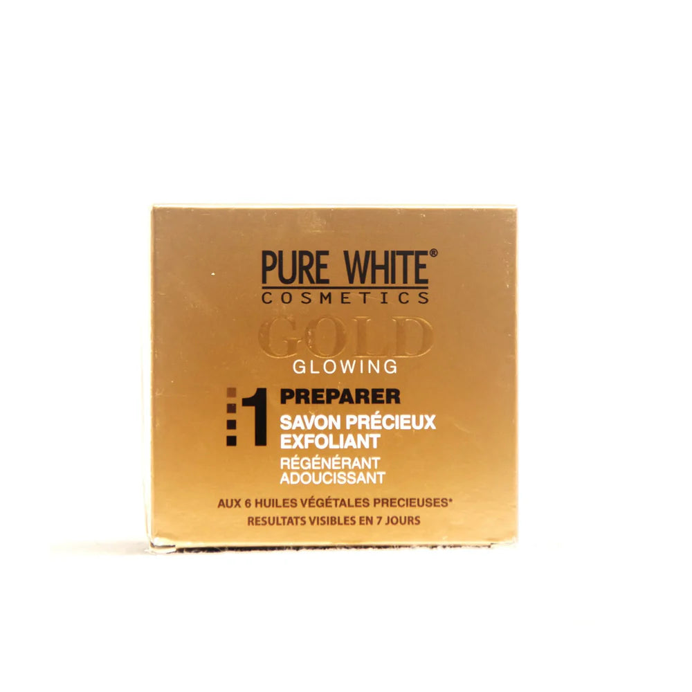 Pure White Gold exfoliating soap, glowing skin soap, precious exfoliating soap, 150g exfoliating soap, skin brightening soap, natural exfoliant soap, face and body soap, gentle exfoliating bar, radiant skin soap, softening soap bar, luxurious skincare soap, dead skin removal soap, smooth skin soap, spa-like soap, nourishing exfoliating soap