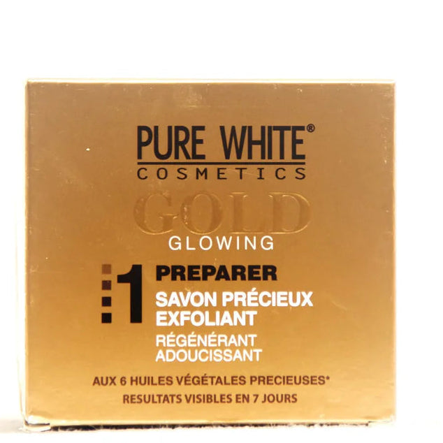 Pure White Gold exfoliating soap, glowing skin soap, precious exfoliating soap, 150g exfoliating soap, skin brightening soap, natural exfoliant soap, face and body soap, gentle exfoliating bar, radiant skin soap, softening soap bar, luxurious skincare soap, dead skin removal soap, smooth skin soap, spa-like soap, nourishing exfoliating soap
