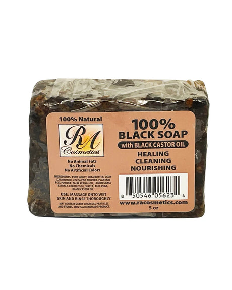 Ra 100% Black Soap Bar, natural black soap, organic shea butter soap, acne-fighting soap, moisturizing black soap, exfoliating African black soap, chemical-free soap for sensitive skin, dark spot reducing soap, blemish control black soap, eco-friendly skincare soap, hydrating face and body soap, natural glowing skin soap, traditional African black soap, gentle cleansing soap, all skin types black soap.