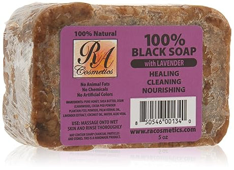 Ra 100% Black Soap Bar, natural black soap, organic shea butter soap, acne-fighting soap, moisturizing black soap, exfoliating African black soap, chemical-free soap for sensitive skin, dark spot reducing soap, blemish control black soap, eco-friendly skincare soap, hydrating face and body soap, natural glowing skin soap, traditional African black soap, gentle cleansing soap, all skin types black soap.