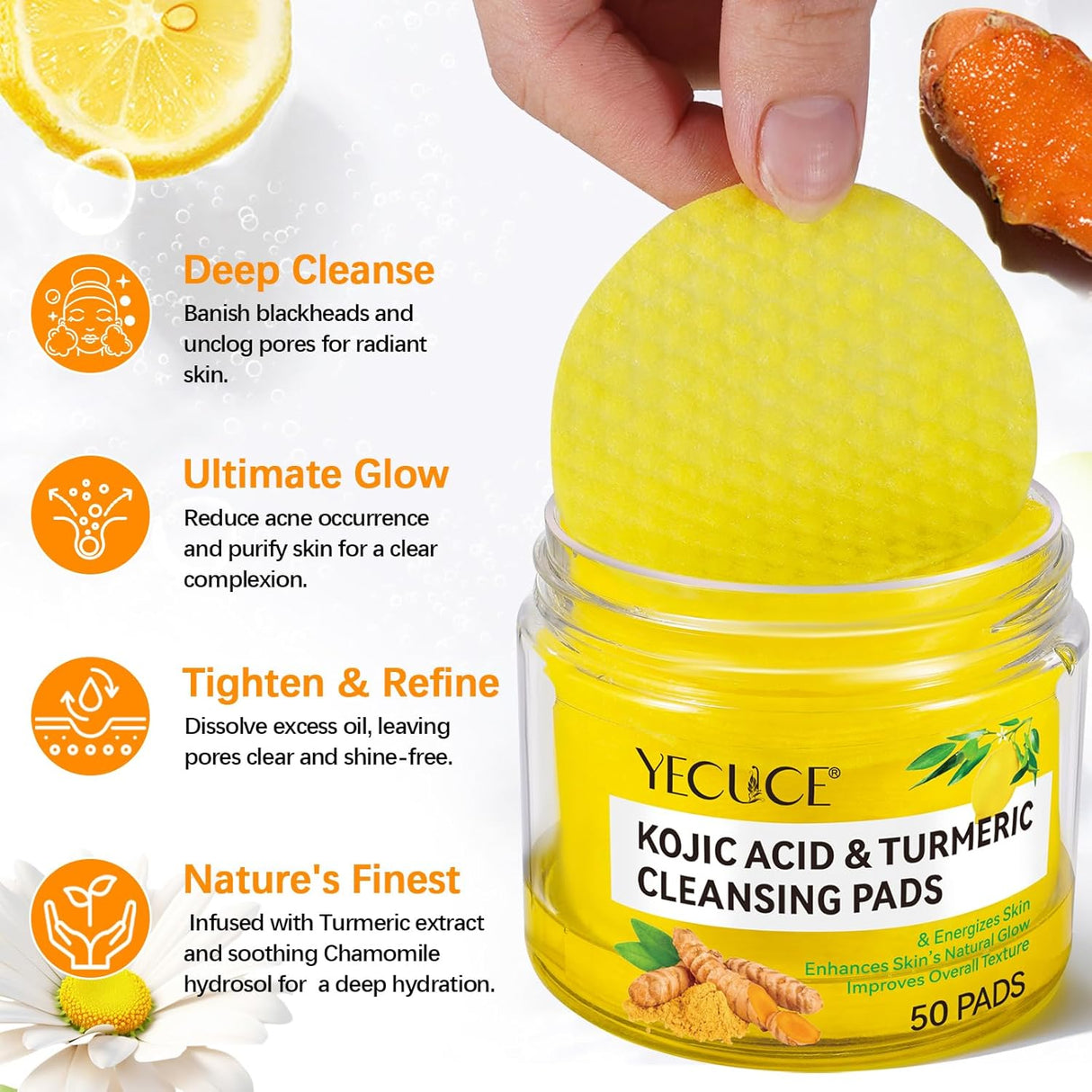 TE AMO Turmeric & Kojic Acid Cleaning Pads 50Pads Brightening Exfoliating Skincare Pads
