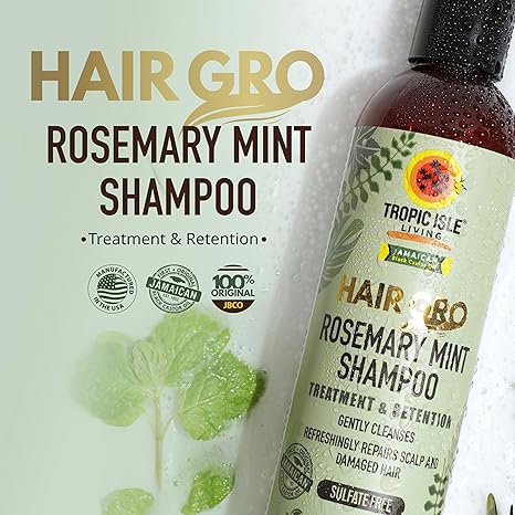 Tropic Isle Hair Gro shampoo, rosemary mint shampoo, hair growth shampoo, scalp stimulating shampoo, herbal hair cleanser, mint hair shampoo, rosemary hair care product, refreshing scalp shampoo, strengthening hair wash, natural hair growth shampoo, cooling mint shampoo, healthy scalp cleanser, all hair types shampoo, nourishing hair shampoo, 8 oz hair shampoo bottle
