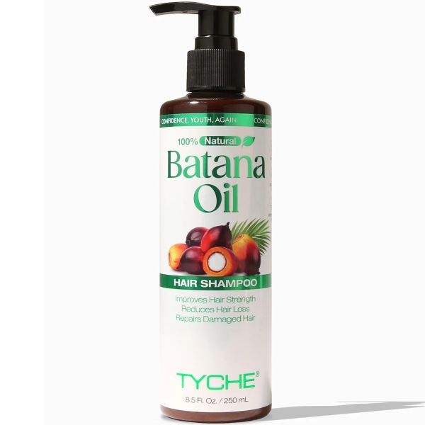 Tyche Batana Oil shampoo, batana oil hair shampoo, moisturizing hair cleanser, strengthening shampoo, damage repair shampoo, nourishing hair wash, natural oil shampoo, frizz control shampoo, dry hair shampoo, curly hair shampoo, chemically treated hair shampoo, shine enhancing shampoo, gentle cleansing shampoo, healthy hair care product, 8.5 oz shampoo bottle