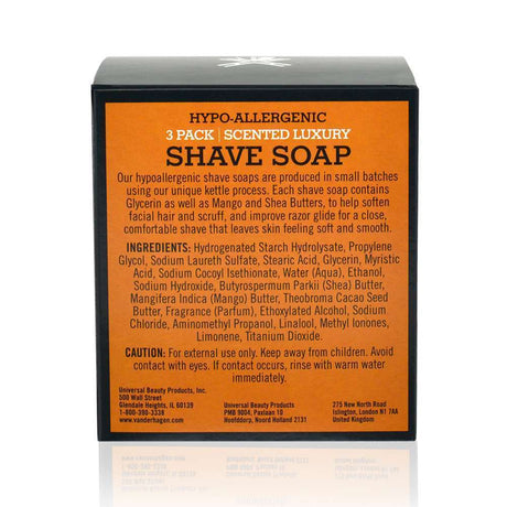 Van Der Hagen shave soap, shave soap 3 pack, traditional shaving soap, wet shave soap, men’s grooming soap, shaving puck soap, rich lather shave soap, smooth shave soap, classic shave soap, facial hair shaving soap, shaving soap bar, razor glide shave soap, beard shaving soap, professional shaving product, 3.5 oz shave soap