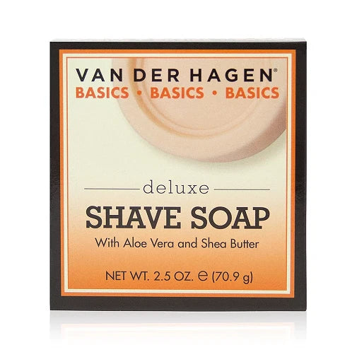Van der Hagen Deluxe shave soap, deluxe shaving soap, wet shave soap, traditional shave soap, men’s grooming soap, rich lather shave soap, smooth shave soap, facial hair shaving soap, shaving puck soap, razor glide shave soap, hydrating shave soap, classic shave soap, professional shaving product, daily shave soap, 2.5 oz shave soap