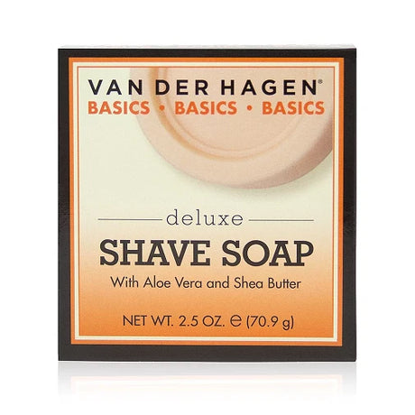 Van der Hagen Deluxe shave soap, deluxe shaving soap, wet shave soap, traditional shave soap, men’s grooming soap, rich lather shave soap, smooth shave soap, facial hair shaving soap, shaving puck soap, razor glide shave soap, hydrating shave soap, classic shave soap, professional shaving product, daily shave soap, 2.5 oz shave soap