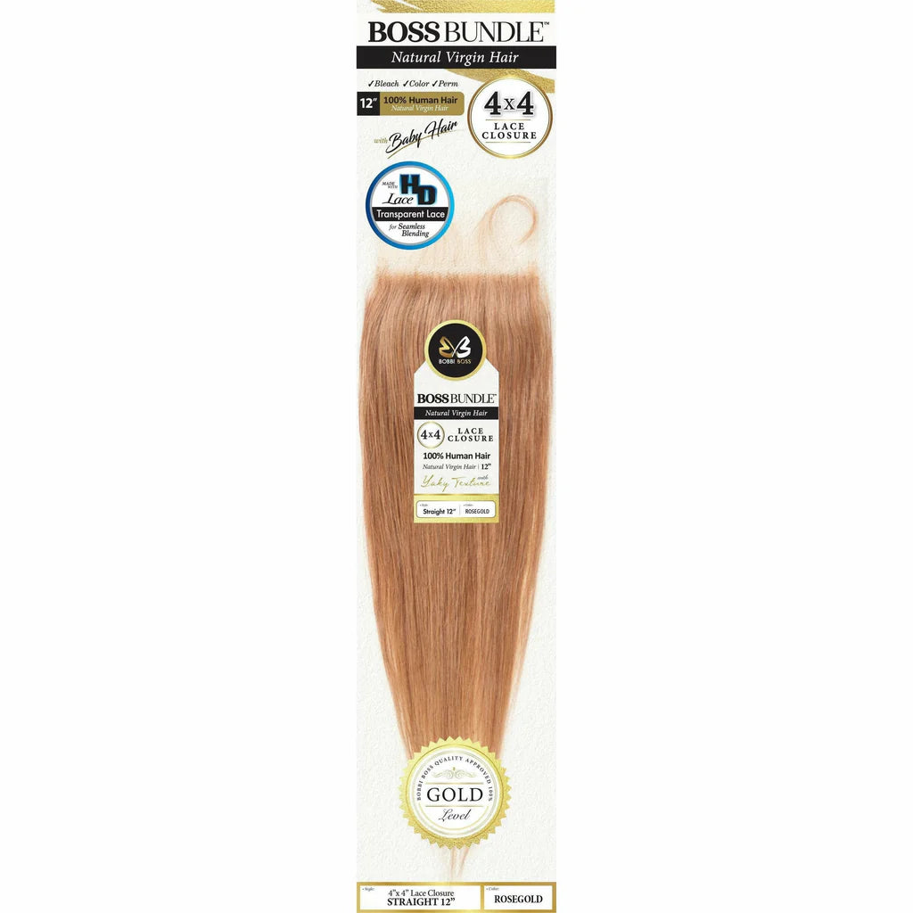 Boss Bundle 100% Virgin Human Hair Straight 4X4 Closure - 12"